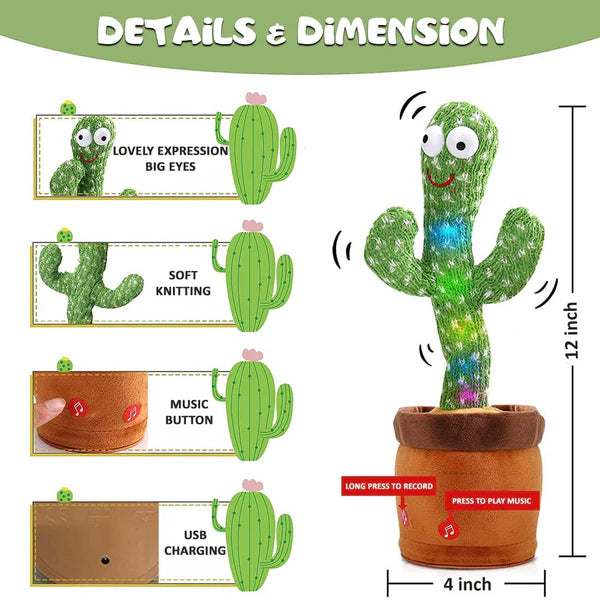 Dancing Cactus For Kids Toy – Talking, Singing, Repeating Plush, USB Rechargeable, Interactive Baby & Toddler Toy, Fun Gift